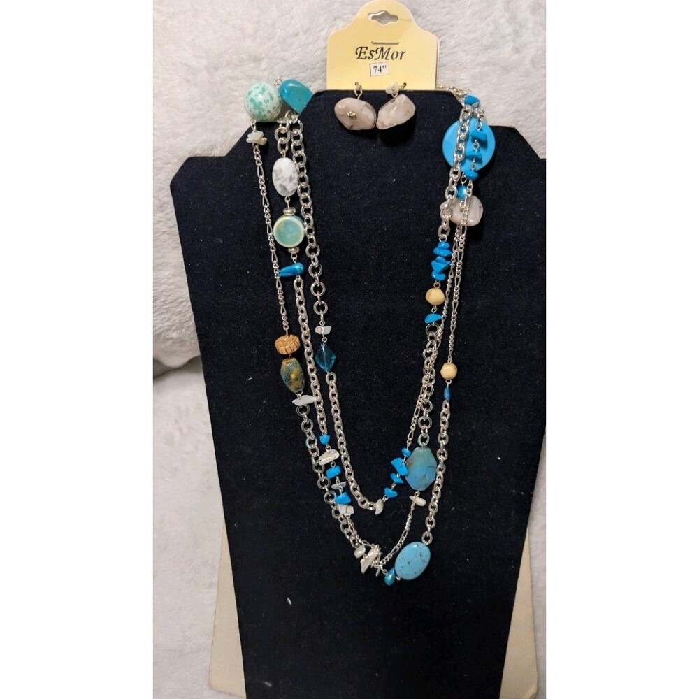 NWT EsMor 74" Extra Long Boho Layering Necklace & Earring Set Turquoise Blue NOS